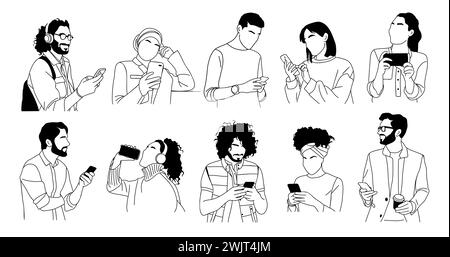 Différentes personnes tenant, en utilisant des téléphones mobiles ensemble. Illustration de Vecteur