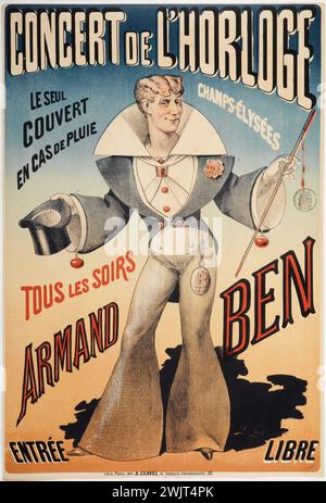 A. Clavel. Concert de l'horloge, Armand Ben. Affiche. Lithographie en couleurs. Paris, musée Carnavalet. Affiche, champs-Elysées, concert horloger, lithographie, publicité Banque D'Images