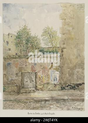 Jean-Louis Talagrand (né en 1845). La prison de Sainte-Pélagie : entrée du cimetière par la rue de Lacépède. Aquarelle, encre brune, crayon. Paris, musée Carnavalet. Album de dessins, crayon, encre brune, cimetière, prison parisienne, prison Sainte-Pelagie, rue de Lacepede, Veme Ve V 5ème 5ème 5ème arrondissement, aquarelle Banque D'Images