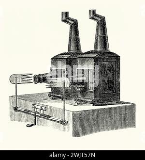 Une ancienne gravure montrant deux lanternes magiques avec un dispositif à l'avant pour permettre la dissolution des vues lors du déplacement de la présentation des diapositives d'une machine à l'autre lors d'un spectacle de lanterne magique dans les années 1800 Il est tiré du livre victorien des années 1890 sur les sports, les jeux et les passe-temps. Ce dispositif mécanique fermait et ouvrait deux «peignes» simultanément – le spectateur verrait sur une lanterne la décoloration progressive d’une image projetée alors que le peigne mobile couvrait la projection, tandis que, en même temps, le peigne sur la deuxième lanterne ouvre une diapositive à pleine luminosité à partir d'une position fermée. Banque D'Images