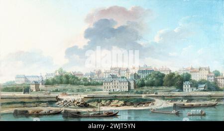 Nicolas-Jean-Baptiste Raguenet (1715-1793) 'Le quai et le village de Passy, vus de la rive gauche, 1757'. Huile sur toile. Paris, musée Carnavalet. 25258-1 XVI arrondissement, bateau, hôtel particulier, panorama, quai, seine, 16ème 16ème 16, village Banque D'Images