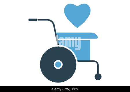 icône de solidarité handicap. icône de fauteuil roulant avec coeur. icône liée au handicap. style d'icône unie. illustration de l'élément Illustration de Vecteur
