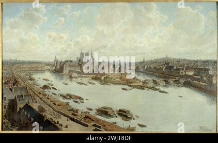 Theodor Hoffbauer (né en 1839). 'Vue panoramique de Paris en 1588 avec le Pont-neuf en construction, prise depuis les toits du Louvre'. Huile sur toile, 1890. Paris, musée Carnavalet. 25517-3 bateau, bâtiment, construction, Seine, 1er 1er arrondissement, Ile de la Cité, Pont-neuf, toiture du Louvre, panorama, vue panoramique, huile sur toile, scène Banque D'Images