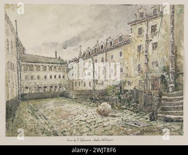 Jean-Louis Talagrand (né en 1845). La prison de Sainte-Pélagie : le tribunal de l'infirmerie, appelé : politiciens. Aquarelle, encre brune, crayon. Paris, musée Carnavalet. Album de dessin, cour d'infirmerie, crayon, encre brune, politique, prison parisienne, prison Sainte-Pelagie, Veme Ve V 5ème 5ème 5ème arrondissement, aquarelle Banque D'Images