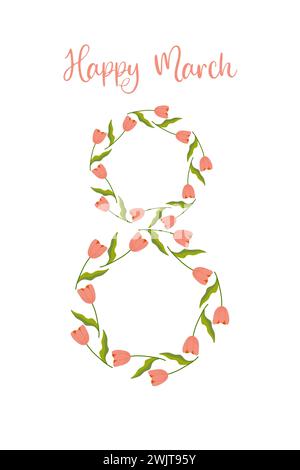 8 mars, numéro floral et légende pour votre carte, félicitations. illustration sur fond blanc Illustration de Vecteur