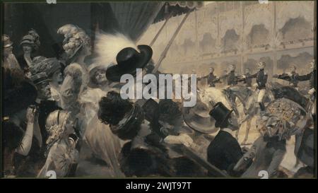René Lelong (1871-1933) Défilé des cavaliers au Palais de l'industrie (champs-Elysées). Huile sur toile. Paris, musée Carnavalet. 34098-1 Armée française, arrondissement VIII, avenue champs-Elysées, décor noir de Saumur, cavalerie, cavalier, cheval, école, EQUIPEMENT, Palais de l industrie, spectacle, spectateur, VIIIEME 8EME 8 Banque D'Images
