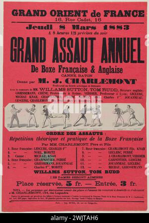 Anonyme. 'Salle du Grand Orient de France, un grand assaut annuel de boxe (modèle rose)'. Lithographie/typographie, -1883. Paris, musée Carnavalet. Affiche publicitaire 50815-8, boxe anglaise, boxe française, grand assaut annuel, Grand Orient de France, lithographie, publicité, salle, typographie, sport Banque D'Images