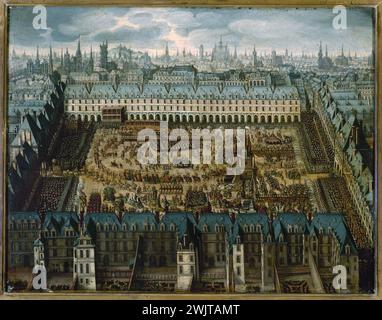 Anonyme. 'Le roman des Chevaliers de gloire, grand carrousel donné place Royale du 5 au 7 avril 1612, à l'occasion du mariage de Louis XIII avec Anne d'Autriche'. Paris, musée Carnavalet. 27026-6 arrondissement IVEME IV 4th 4, Bourbon, Equitation, FETE, IVEME IVE IV 4th 4th 4th 4 arrondissement, le Marais, mariage, place, place des Vosges, place Royale, quartier du Marais, Reine, Roi France, spectacle Banque D'Images