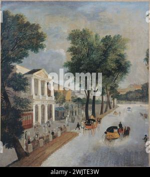 Le Théâtre des variétés et les Rotondes des panoramas, boulevard Montmartre'. Anonyme, vers 1820. Paris, musée Carnavalet. 25939-2 arrondissement, boulevard Montmartre, Carrosse, iieme II 2ème 2, rotonde des panoramas, scène de rue, théâtre de variétés, voiture sur Banque D'Images