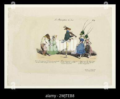 Grandville (Jean Ignace Isidore Gérard dit, 1803-1847). Les métamorphoses du jour. Ah ! Vous avez des groove, vous devez danser aussi. OH ! C'est en vain que tu grognes que tu dois danser aussi'. Lithographie colorée, 1829. Paris, Maison de Balzac. 34929-2 Cicada, danse, danse, fable, fourmi, humoristique, lithographie colorée, morale, personnification, violoniste, animal, caricature, scène Banque D'Images