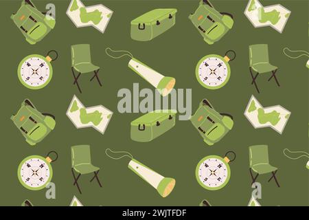 Fond d'éléments de randonnée de camping dessiné à la main. Illustration vectorielle sur fond vert pour textile, papier peint, impression pour vêtements. Illustration de Vecteur