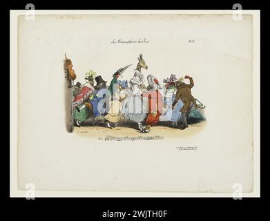 Grandville (Jean Ignace Isidore Gérard dit, 1803-1847). Les métamorphoses du jour. Walse Perennial'. Lithographie colorée, 1829. Paris, Maison de Balzac. 34930-18 danse, danse, farandole, fete, lithographie colorée, moralité, personnification, caricature Banque D'Images