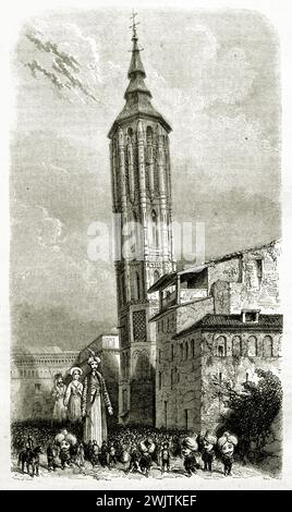 Ancienne illustration gravée de la tour penchée de Saragosse, Espagne. Crerated par Blanchard, publié sur magasin pittoresque, Paris, 1852 Banque D'Images