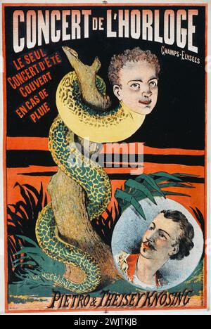 Emile Lévy. Concert de l'horloge, Pietro & Theisey Knösing. Affiche. Lithographie en couleurs. Paris, musée Carnavalet. Affiche, chanteur, concert, homme, horloge, lithographie, publicité, reclame, serpent, tronc d'arbre, VIIIEM VIII 8ème 8ème arrondissement Banque D'Images