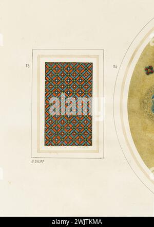 Atelier GSELL-Laurent. Album n°3 ; motif vitraux écrasés rouge et bleu. Chromolithographie. Paris, musée Carnavalet. Album n°3, bleu, chromolithographie, croix rouge, motif, vitraux Banque D'Images