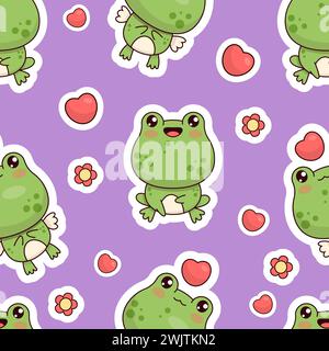 Modèle sans couture avec de petites grenouilles sur fond violet avec des coeurs. Personnage animal mignon kawaii. Illustration vectorielle. Collection enfants Illustration de Vecteur