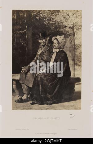 Gustave Gustave Brion. Jean Valjean et Cosette, illustration pour 'les Misérables'. Photographie briquet/ Guettard, d'après un dessin de Brion, 1862. Paris, maison de Victor Hugo. 38138-7 assis, banc, dessin, discuter, héroïne, homme, illustration de l'œuvre littéraire, jeune femme, figure nouvelle Banque D'Images