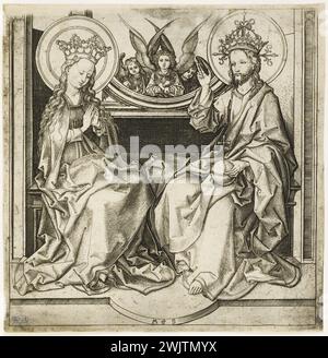 Martin Schonguer (vers 1450-1495). Christ bénissant la Vierge (Bartsch 71). Gravure (burin), 1475-1480. Musée des Beaux-Arts de la ville de Paris, petit Palais. 76855-6 Art médiéval, benon, benissant Christ, Christ Crown, Christianisme, couronne, gravure au ciseau, iconographie chrétienne, iconographie religieuse, monde, moyen âge, Nouveau Testament, caractère biblique, Sauveur, Spphere, symbole, Virgin Couronnee, XVEME XVE XV 15E 15 siècle, gravure Banque D'Images