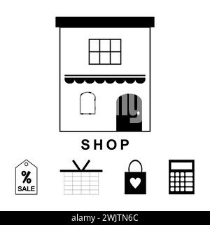 Conception du bâtiment du magasin. Icônes de stockage définies. Jeu d'icônes d'achat. Symbole d'achat en ligne, de magasin, de promotion et de panier d'achat. Collection vectorielle d'icônes noires. Illustration de Vecteur