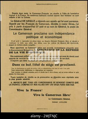 Guerre 1939-1945. 'Le Cameroun a proclamé son indépendance politique et économique. Depuis deux mois, le Cameroun français se révolte à l'idée de l'armistice imposé à la France ...'. Supplément au réveil du Cameroun du 27 août 1940. Musée général Leclerc à Hauteclocque et à la libération de Paris, musée Jean Moulin. Appel, soutien, affiche, colonel francais, général, Economique, Etat de siège, réveil du Cameroun, France libre, Guerre 1939-1945, guerre 39-45, indépendance politique, Proclamation, révolte, seconde Guerre mondiale, signature armistice, soutien Banque D'Images