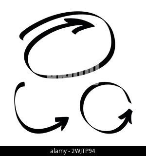 Ensemble vectoriel de flèches abstraites rondes en gras. Pointeurs grunge arrondis et tordus dessinés à la main. Eléments isolés de lignes dessinées à l'encre pour la conception. Illustration de Vecteur