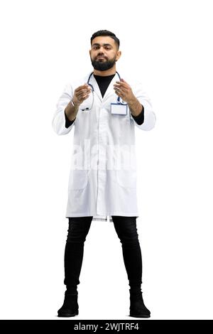 Le médecin, en pleine hauteur, sur fond blanc, gestes Banque D'Images