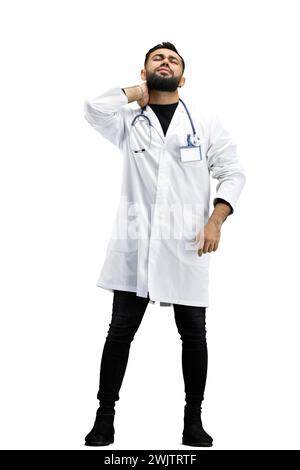 Le médecin, en pleine hauteur, sur fond blanc, fatigué Banque D'Images