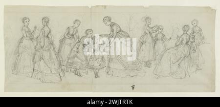 Anaïs Toudouze (1822-1899) 'Groupe de femmes et d'enfants'. Vestes basques arrondies, nœuds et rubans, côtés et nœuds arrondis. Mine de plomb, livre blanc. Vers 1869. Galliera, musée de la mode de la ville de Paris. 37825-14 arrondi basque, dessin, enfant, femme, groupe, jupe, mine de plomb, noeud, pan rond, petite fille, ruban, second empire, veste Banque D'Images