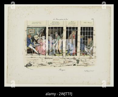 Grandville (Jean Ignace Isidore Gérard dit, 1803-1847). Les métamorphoses du jour. Ménagerie'. Paris, maison Balzac. 34931-5 cage, lithographie colorée, ménage, moralité, personnification, prison, prisonnier, animal, caricature Banque D'Images