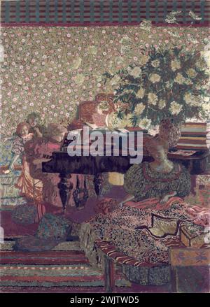 Edouard Vuillard (1868-1940) 'Personnages dans un intérieur : musique'. Décor de la bibliothèque du docteur Vaquez. Peinture à la colle sur toile, 1896. Musée des Beaux-Arts de la ville de Paris, petit Palais. 25525-14 Bibliothèque, colle de toile, décor, femme, fleur, instrument de musique, intérieur parisien, intime, jeu, queue de piano, salon, bouquet Banque D'Images