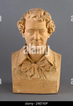 Jean-Pierre Dantan (1800-1869) dit Dantan le jeune. Portrait-signes de l'acteur au théâtre français, Joseph-Isidore Samson (1793-1871). Plâtre patiné en terre cuite, bosse ronde. 1846. Paris, musée Carnavalet. 51840-8 acteur français, modelo patine, portrait-mesure, bille ronde, terre cuite, théâtre français Banque D'Images