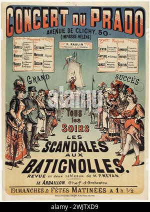 Anonyme. 'Concert du Prado, avenue de Clichy, 50, (impasse Hélène), grand succès, tous les soirs, les scandales aux Batignolles, revue dans deux tableaux de M. P. Meyan, M. Ardaillon, chef d'orchestre, dimanches et festivals, matin à 1 heure 1,2'. Lithographie en couleurs. 1886. Paris, musée Carnavalet. 74198-11 Avenue de Clichy, affiche, bateau, concert, impasse Hélène, lithographie couleur, prado, revue, scandale Batignolles, voilier Banque D'Images