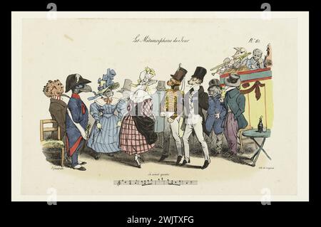 Grandville (Jean Ignace Isidore Gérard dit, 1803-1847). Les métamorphoses du jour. Avancer 4'. Lithographie colorée, 1829. Paris, Maison de Balzac. 34930-20 balle, danse, danse, lithographie colorée, moralité, musicien, personnification, animal, caricature Banque D'Images