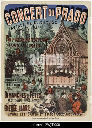 Anonyme. Concert du Prado, avenue de Clichy, 50 (impasse Hélène), représentation, tous les soirs, à 8 heures, chants, duos, opérette, vaudevilles, interludes, dimanche & fêtes, matin à 2h, entrée gratuite, tous les samedis Nouveau spectacle '. Lithographie en couleurs. 1880-1900. Paris, musée Carnavalet. 74198-12 Avenue de Clichy, affiche, chanson, concert, duo, impasse Helene, intermedde, lithographie couleur, nouveau, nouveau, opérette, prado, représentation, spectacle, vaudeville Banque D'Images