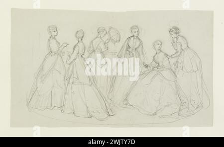 Anaïs Toudouze (1822-1899) 'Groupe de femmes'. Mine de plomb, livre blanc. Vers 1868. Galliera, musée de la mode de la ville de Paris. 37825-13 dessin, groupe de femmes, mine de plomb, second Empire, Crinoline, robe Banque D'Images