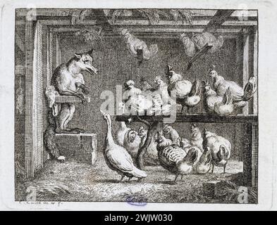 Claude Gillot (1673-1722) "Fables" de la Mothe. Illustration de planche 82. Musée des Beaux-Arts de la ville de Paris, petit Palais. 33899-15 Fable, illustration, travail littéraire, poulailler, poule, fox, volaille Banque D'Images