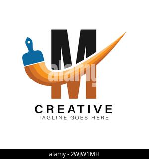 Logo de pinceau lettre M. Alphabet M House Paint Business icône Illustration de Vecteur