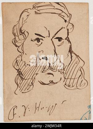 Gill, André (n.1840-10-17-D.1885-05-102), portrait de François-Victor Hugo1869. Encre. Maisons de Victor Hugo Paris - Guernesey. Banque D'Images