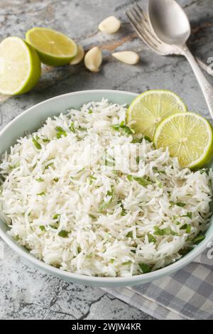 Le riz citron vert à la coriandre est un gros plan de riz de style mexicain facile et savoureux sur le bol sur la table en marbre. Vertical Banque D'Images