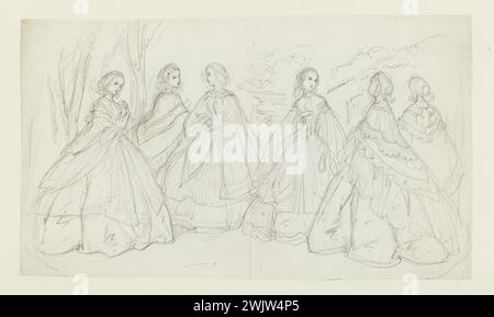 Anaïs Toudouze (1822-1899) 'Groupe de femmes'. Robes de crinoline. Mine de plomb, livre blanc. Vers 1860. Galliera, musée de la mode de la ville de Paris. 37825-12 dessin, groupe de femmes, mine de plomb, second Empire, Crinoline, robe Banque D'Images