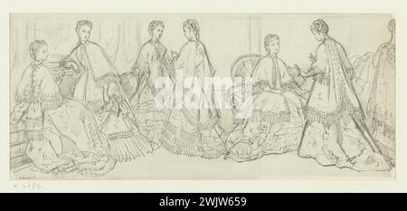 Anaïs Toudouze (1822-1899) "Groupe de femmes dans un intérieur". Burnous bordé de franges ; jupes à volants plissés. Mine de plomb, livre blanc. Galliera, musée de la mode de la ville de Paris. 37825-18 Burnou, dessin, frange, groupe de femmes, intérieur, jupe, mine de plomb, second empire, chasse moelleuse Banque D'Images