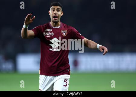 Turin, Italie. 16 février 2024. Adam Masina du Torino FC fait des gestes lors du match de Serie A entre Torino FC et nous Lecce au Stadio Olimpico le 16 février 2023 à Turin, Italie . Crédit : Marco Canoniero/Alamy Live News Banque D'Images