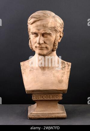 Jean-Pierre Dantan (dit Dantan Young). Portrait sérieux de Jules Nicolet (1819-1880), avocat. Enduit pour pâtes en terre cuite. 1860. Paris, musée Carnavalet. 53358-8 avocat français, patine à motifs, portrait sérieux, terre cuite Banque D'Images
