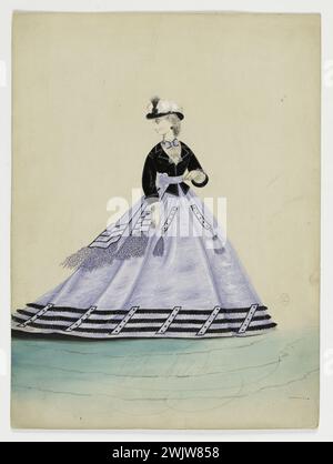 Charles Pilatte pour la maison Ghys. Modèle-figure pour couturière. Robe de ville ; veste boutonnée noire à l'avant, avec des paniers dans les pointes, corsage en dentelle blanche avec noeud violet sur le cou et jabot en dentelle blanche ; ceinture lilas de marque noire avec franges et fleur en tissu lilas; jupe lilas avec trois rangées de dentelle noire dans la coupe inférieure avec des cartouches lilas bordées de dentelle noire, modèle MADAME Ghys. Aquarelle sur carton. 1860-1870. Galliera, musée de la mode de la ville de Paris. 37833-20 Aquarelle sur carton, Basque in point, dentelle Bordee Black, cartouche rectangulaire, ceinture noir Galonnee, dentelle blanche Banque D'Images