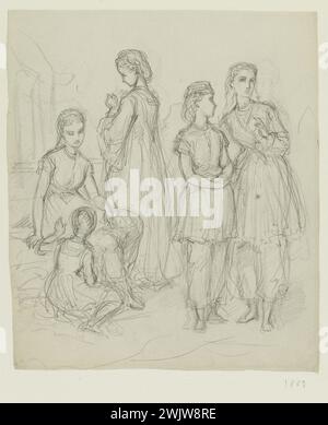 Anaïs Toudouze (1822-1899) 'Groupe de femmes'. Mine de plomb, livre blanc. 1867. Galliera, musée de la mode de la ville de Paris. 37824-11 dessin, femme, groupe, jeune, mine de plomb, second Empire, robe Banque D'Images