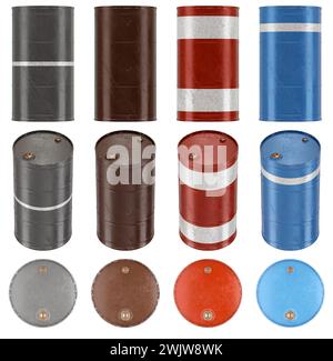 illustration de rendu 3d d'un ensemble de barils de tambour dans plusieurs vues et couleurs. Isolé de l'arrière-plan. Banque D'Images