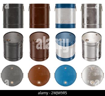 illustration de rendu 3d d'un ensemble de barils de tambour dans plusieurs vues et couleurs. Isolé de l'arrière-plan. Banque D'Images