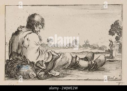 Della Bella, Stefano (dit Étienne de la belle) (n.1610-05-18-D.1664-08-22), un pauvre vieil homme assis par terre, son corps tourné vers la droite. Onzième numéro d'une série de 13 pièces (A. de Vesme 114. Dutuit 85) (titre principal). Gravure. Petit Palais, Musée des Beaux-Arts de la ville de Paris. Banque D'Images