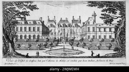 Israël Silvestre (1621-1691) et Israël Henriet (1590-1661). 'Vue du Hôtel de Soissons construit par Catherine de Médicis et dirigé par Jean Bullant architecte du roi.' Gravure, 1650-1655. Paris, musée Carnavalet. Arrondissement, gravure, Hôtel de Soissons, Ier I 1er 1er 1 Banque D'Images