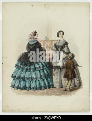 Jules David (1808-1892) "Deux femmes et un marié dans un intérieur". Dessin préparatoire pour la planche du 3 avril 1856, 'le moniteur de mode'. Chapeau de soie en bavolet, manteau en dentelle, jupe à 3 volants ornée de rubans, robe de ville ornée de dentelle noire, petit serviteur en livrée marron et guêtres. Mars 1856. Galliera, musée de la mode de la ville de Paris. 37821-8 Bavolet, chapeau de soie, dentelle noire, dessin, femme, marié, invité, intérieur, jupe, livre brun, manteau en dentelle, moniteur de mode, robe de ville, ruban, volant Banque D'Images